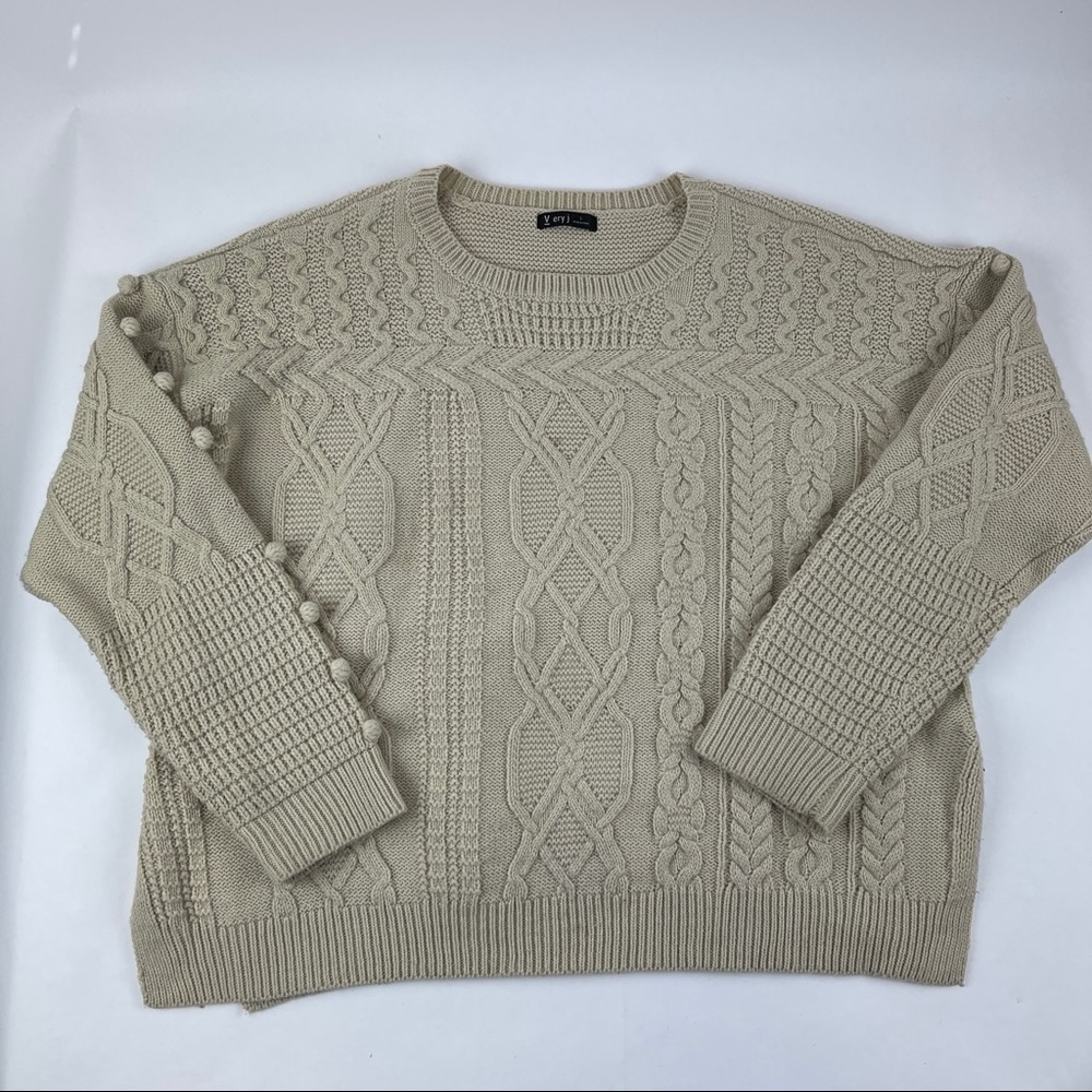 V ery J Sweater Womens Large Tan Cable Cord Side Slits